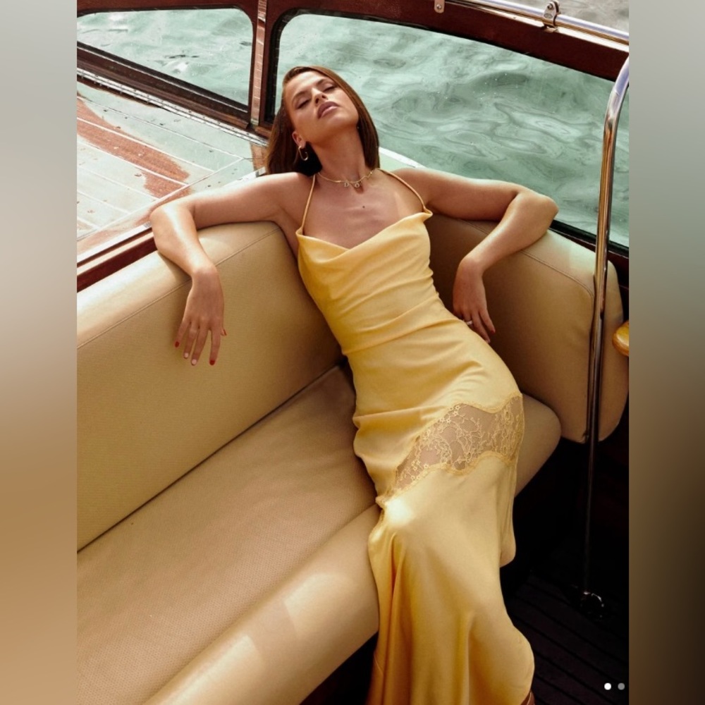 SOLD - Chandra Satin Maxi Dress - Lemon